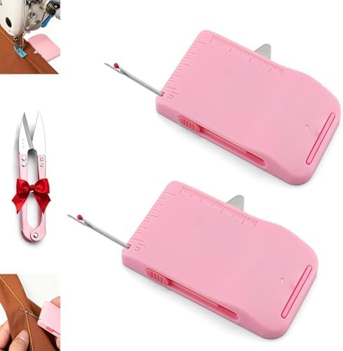 Sewing Seam Guide & Ripper–Multi-Functional Tool, Easy Seam Allowance & Stitch Removal, Magnetic Sewing Machine Sleeve Tool with Needle Threader, Precision Magnetic Seam Guide for Dual-Scale (2 Pink)