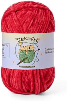 Fuzzy Chenille Yarn for Crocheting, Fluffy Amigurumi Crochet Yarn for DIY Craft/Hat/Shoes, (100g/197yds) Soft Velvet Baby Blanket Yarns（Red）