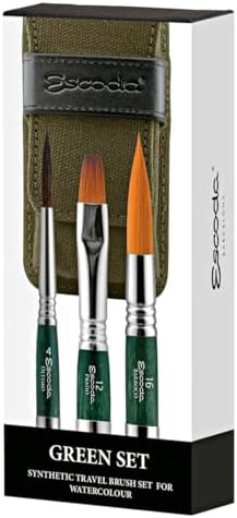 Escoda | Watercolour | Green Travel Set | Size 4,12,16 | 3 Brushes | Synthetic Tendo + Tame + Gold Toray | Rigger + Bright + Round Pointed
