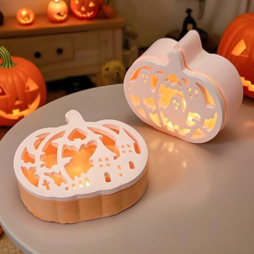 Halloween Pumpkin Lamp Molds Set – 3-Piece Resin and Plaster Molds for DIY Pumpkin Light Tabletop Decorations with Owl, Ghost, Bat, Haunted House Designs for Halloween Craft Projects