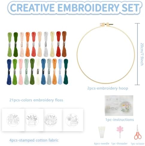 FREEBLOSS 4 Sets Embroidery Kit for Beginners Needlepoint Embroidery Starter Kit with Plants and Books Stamped Patterns, Instructions, Colored Threads, 2 Hoops 20cm/7.9inch