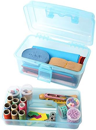 Multipurpose Plastic Art and Craft Supply Storage Container Bin Case with Removable Tray and Handle, First Aid Box Organizer, Clear&Blue