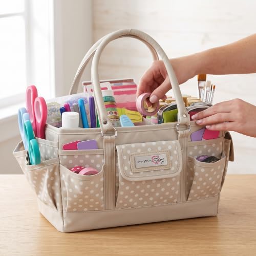 Everything Mary Deluxe Store & Tote Organizer – Tan Dot Craft Tote with Handle – Art Supply Caddy for Sewing, Scrapbooking, DIY Projects & Creative Tool Storage