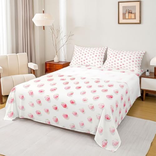 Manfei Cut Strawberry Sheet Set Pink Lovely Fruits Bedding Set Rustic Sweet Style Bed Sheets Teens Room Decor White (Queen Flat & Fitted Sheet with 2 Pillow Case)