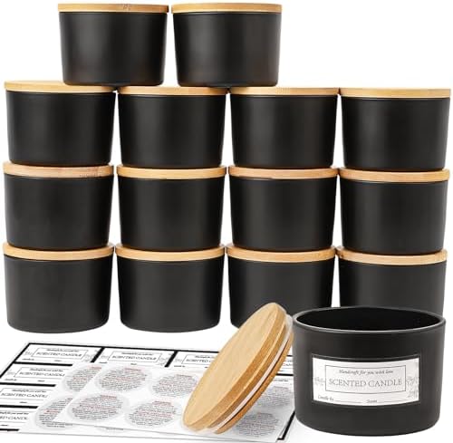 CONNOO 15 Pack 4oz Matte Black Glass Candle Jars with Airtight Bamboo Lids