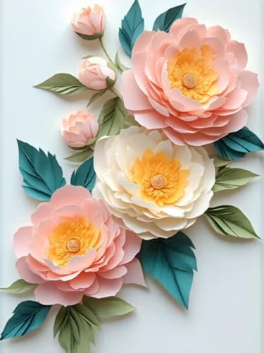 USZDL Peony Flowers Diamond Art Kits for Adults,DIY Round Full Drill 5D Diamond Painting Kits for Beginners,Pink Floral Diamond Dots Paintings Picture Gem Art Kits for Adults,Home Wall Decor 12X16 in