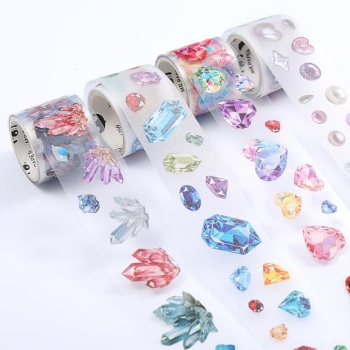 Tape Stickers for Journaling, 4 Rolls Pre Cut Brilliant Gem Series Single Scrapbook Stickers, PET Washi Tape Stickers, Decorative PET Tapes Set for Planner DIY Crafts and Gift Wrapping