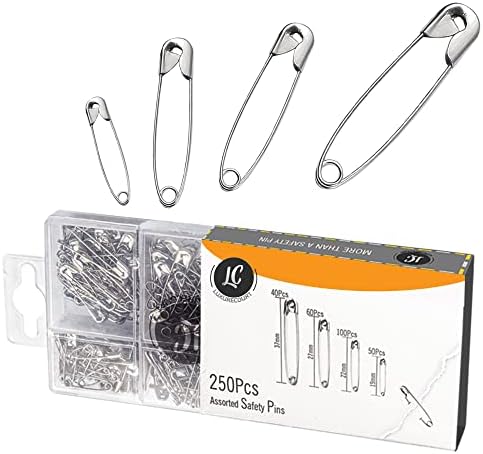 250 Pack Safety Pins by Luxurecourt, 4 Assorted Sizes of Durable, Silver Small and Large Safety Pins Bulk, Rust-Resistant Nickel Plated Steel, Sharp Edge Pins for Clothes, Sewing, Arts & Craft