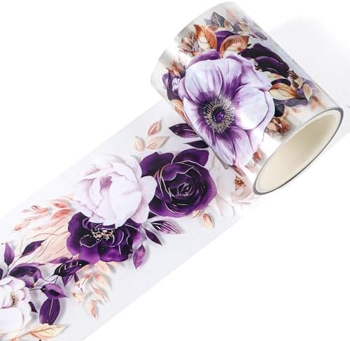 Sitsink PET Tape for Journal Scrapbooking - Golden Purple Flower Junk Journal PET Tape Scrapbook Decor Supplies Crafts Book Bottle Décor