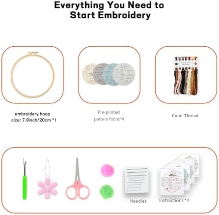JOINRUN Beginner Embroidery Kit for Adults, 4 Pack with Video Tutorial