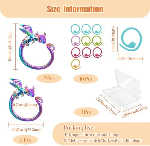 HUISUYTON 4PCS Adjustable Dragon Crochet Tension Ring for Finger(Colorful)