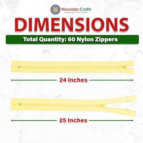 Mandala Crafts 60 PCs Butter Yellow Closed-End 24" Nylon Zippers for Sewing