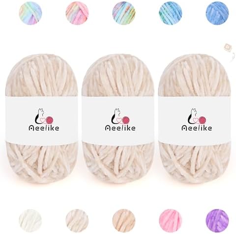 Aeelike 3 Pack Chenille Yarn,Soft Polyester,Each 100g/10.5oz 197yds,Cream
