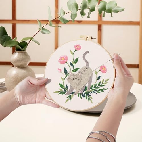 Ohcol 3 Sets Cat Embroidery Kit,Needlepoint Kits for Adults Beginner,Needle Point Sets with Washable Pre-Printed Pattern,1 Hoop,Women Hand Crafts