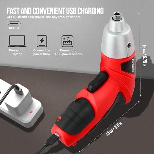 Hi-Spec 3.6V USB Small Power Screwdriver & Home DIY Tool Kit with Case, Red | 19pc, fast assembly help, common screw bit selection, LED visibility, compact grip, quick household fixes, organized storage