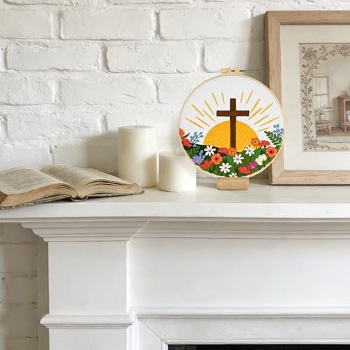 ElasignShopo Christian Embroidery Kit for Beginners Adults, Easy Cross Stitch Kit Easter Cross Jesus Pattern Embroidery Starter Kits with Wooden Hoop, Needles, Threads and Instruction Easter Gift