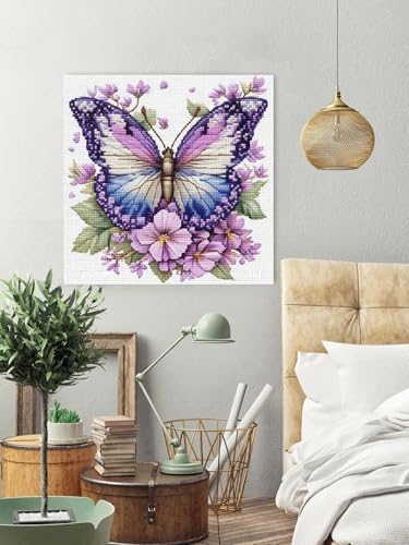 askkqtx Butterfly Stamped Cross Stitch Kits for Adults 14x14 Inch