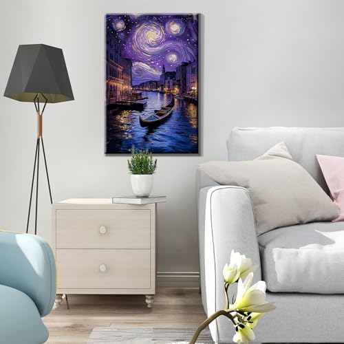 JOOZ Paint by Numbers Kit for Adults with Frame, Starry Night Paint by Numbers with Easel, DIY Town River Boat Paint by Numbers Landscape for Home Wall Decor 8 x 12 Inch