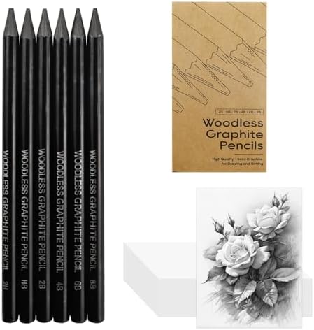 LIVHOLIC Woodless Graphite Drawing Pencils Set,6 Black Lead Pre-Sharpened 2H HB, 2B, 4B, 6B 8B Degrees Coloring Pencils, 50PK Blank Watercolor Card for Sketching,Writing,Shading