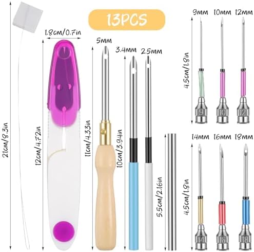13 Pack Adjustable Punch Needle Tool Punch Needle Kit Wooden Handle Embroidery Tool Set for Beginner DIY Craft Yarn Floss Cross Stitching