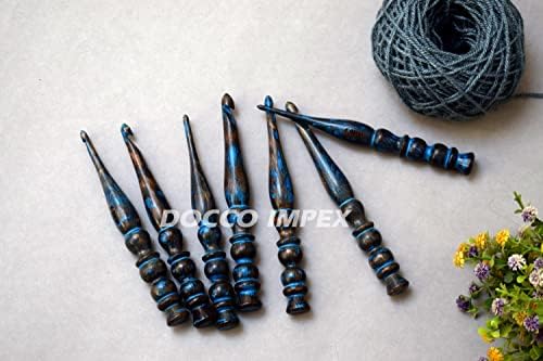 Handmade Ergonomic Wooden Crochet Hooks for Arthritic Hands (Set of 7) Needles for Yarn Accessories | Size 4 mm to 10 mm with Engraved | Yarn Tool (Blue)