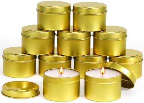 Blingfun 10 Packs 4 oz Candle Tins kit, Candle Making Tins, Candle Jars, 100pcs Candle Wicks, 100pcs Wick Stickers, Candle Containers for Making Candles (Golden)