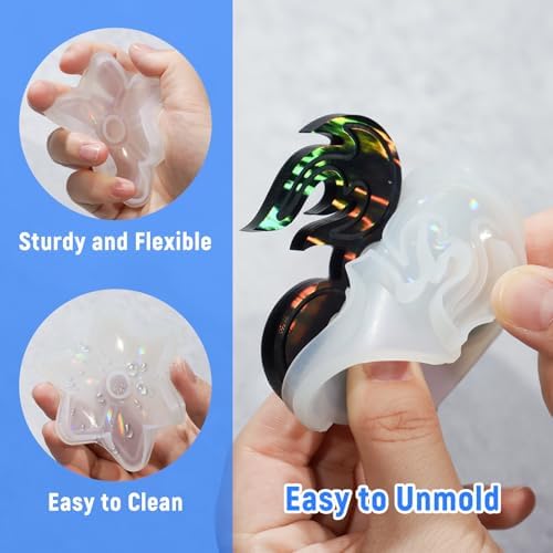 NiArt Fidget Spinner Epoxy Resin Molds Set, 5 Holographic Silicone DIY Kit | Rainbow Texture, 15 Bearings & Caps, Storage Box For Casting Craft Projects, Stress Relief Toys