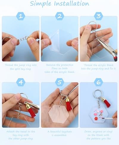 YETOOME Acrylic Hexagon Keychain Blanks, 120 Pcs Clear Hexagon Keychains Kit with Acrylic Blanks, Key Rings, Tassels and Jump Rings for DIY Keychain Vinyl Crafting