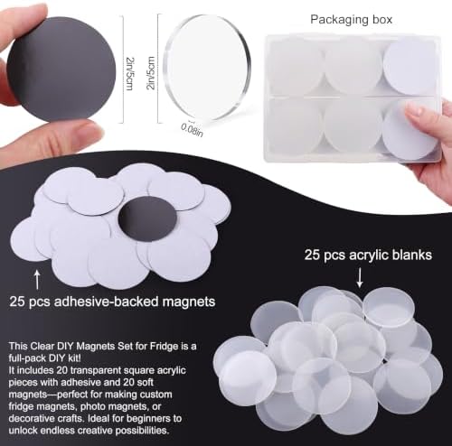 25 Pcs DIY Acrylic Fridge Magnet Kit Circle Round Fridge Magnet Craft Set with Adhesive Backing Make Your Own Magnet Kit for Photo Office Classroom Cabinets Kitchen 2 Inch DTBX- (Round)