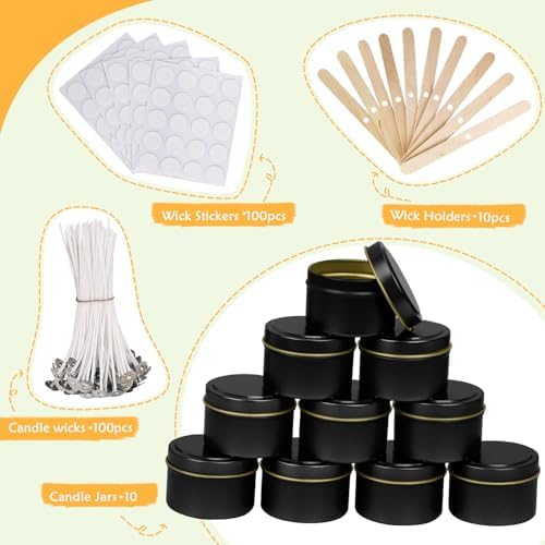 Blingfun 10 Packs 4 oz Candle Tins kit, Candle Making Tins, Candle Jars, 100pcs Candle Wicks, 100pcs Wick Stickers, Candle Containers for Making Candles(Black)