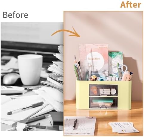 Marbrasse Pen Organizer with 2 Drawer, Multi-Functional Pencil Holder for Desk, Desk Organizers and Accessories with 5 Compartments + Drawer for Office Art Supplies (Yellow)