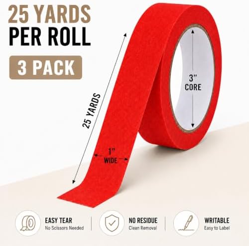 Red Painters Tape 1 Inch Wide, 25 Yards x 3 Rolls Masking Tape