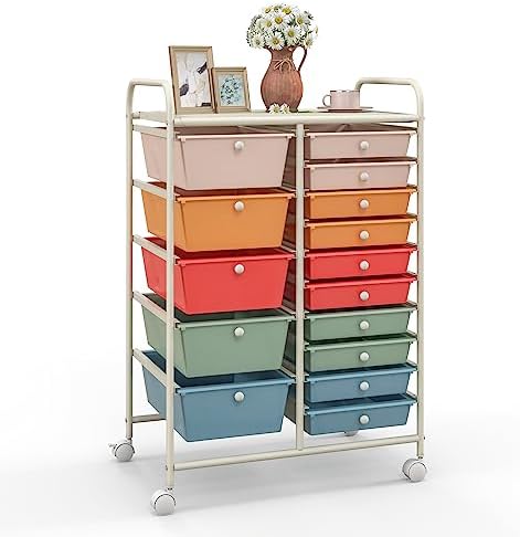 Giantex 15 Drawers Rolling Cart, Classroom Organizers, Storage Cart with Wheels, for Teacher Office Home School Supplies Tool Craft Art Paper