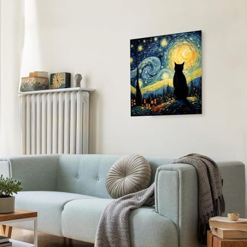 VeGuude Cat Diamond Art Kits for Adults-Starry Night Diamond Painting Kits for Adults Beginners, 5D DIY Full Drill Diamond Painting Cat Gem Art and Crafts Home Wall Decoration 14x14inch