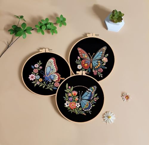 Konrisa Flower Butterfly Embroidery Kits for Adults, Stamped Embroidery Starter Kit with Hoop,DIY Sewing Needlepoint Cross Stitch Kit, Set of 3