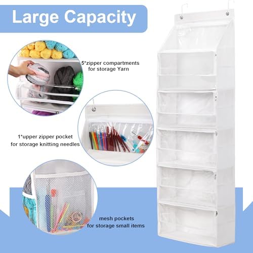 Hanging Yarn Storage Organizer, Large Capacity Knitting Organizer Storage with 6 Zipper Closure Compartments, Over the Door Hanging Yarn Holder for Knitting Needles Crochet Kit Crochet Hooks