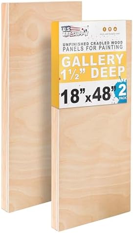 U.S. Art Supply 18" x 48" Unfinished Cradled Wood Panels for Painting | Gallery 1-1/2" Deep (2 Pack) - Artist Depth Wooden Wall Canvases - Mixed-Media Craft, Acrylic, Oil, Encaustic, Paint Pouring