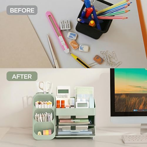 HBlife Desk Organizer with Pen Pencil Holder for Desk, Pen Organizer with 2 Drawers, Desk Organizers and Accessories with 4 Compartments, Desktop Storage for Office Home School Art Supplies, Green