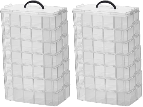 Sooyee 7 Layers Stackable Storage Container, 70 Adjustable Compartments Stackable Storage Container for Kids Toys, Art Crafts, Jewelry, Supplies, Mini Case & Letter Sticker Included,Clear (Pack of 2)