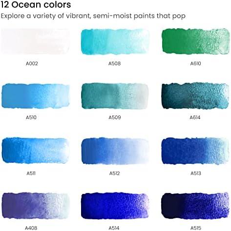 ARTEZA Watercolor Paint Set, 12 Ocean Colors, Half Pans in Travel Tin