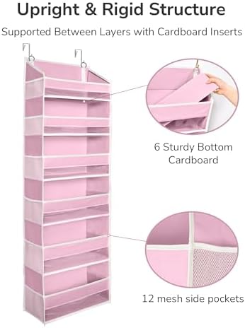 ULG Over The Door Organizer with 6 Large Pockets 12 Side Pockets, 50lbs Weight Capacity Door Hanging Storage Organizer for Bedroom, Bathroom, Pantry, Nursery Storage, Pink