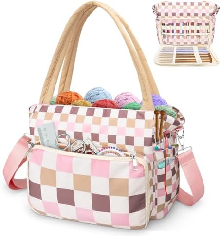 DALINDA Crochet Bag Organizer,Yarn Bag and Tote- Yarn Storage with Multiple Pockets for Crochet Supplies, Knitting Bag for Gifts,Portable & Durable(Beige Pink Plaid)
