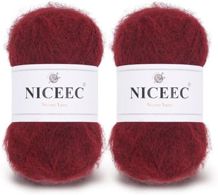 NICEEC 2 Skeins Long Pile Mohair Yarn 2.82oz/788yds - Red