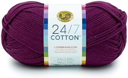 Lion Brand Yarn, 24/7 Cotton Yarn, Beets, Purple, 1 Pack
