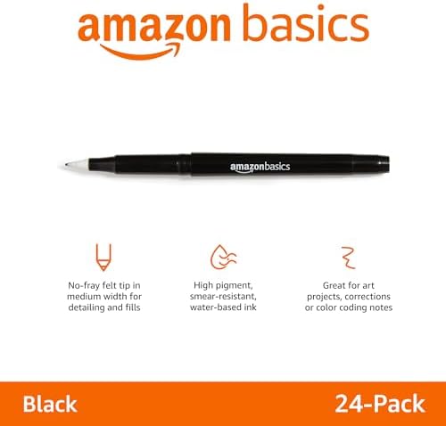 Amazon Basics Felt Tip Marker Pens, Black, Smooth Writing, for Writing, Drawing, Journaling and Note Taking, 24-Pack