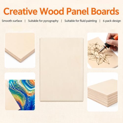 Frcctre 6 Pack 9 x 12 Inch Wood Canvas Panels, Unfinished Wooden Canvas Boards Wood Cradled Painting Panel Boards for Pouring, Art, DIY Crafts, Burning