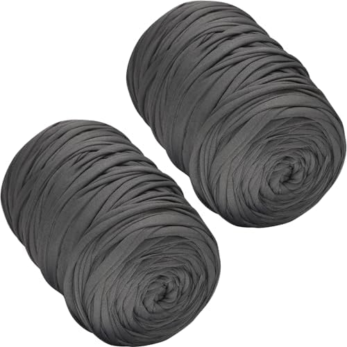 2 PCS 800g T-Shirt Elastic Fabric Crochet Cloth Yarn for DIY Knitting, 260 Yards Spaghetti Thick Knitting Yarn for Hand DIY Bag Basket Cushion Crocheting Projects,Home Decor (Dark Grey)