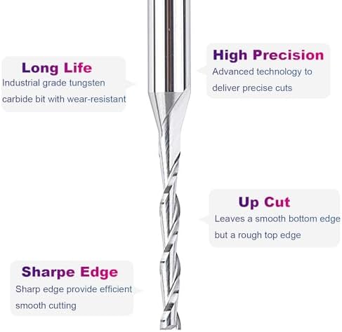 SpeTool Extra Long CNC Spiral Router Bits with Up Cut 1/8 inch Cutting Diameter, 1/4 inch Shank 3 inch Extra Long HRC55 Solid Carbide End Mill for Wood Cut, Carving