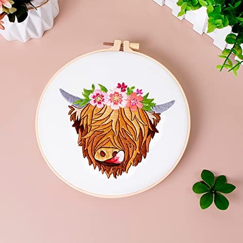 Louise Maelys Highland Cow Stamped Embroidery Kit Floral DIY Craft