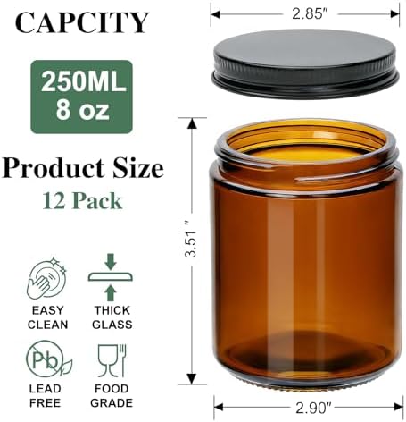 8oz Amber Candle Jars Set of 12,Round Thick Glass Jar with Black Lids